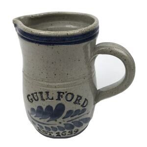 Salt Glazed Pottery Pitcher GUILFORD Est.1689 Stoneware Gray Cobalt Blue Leaves